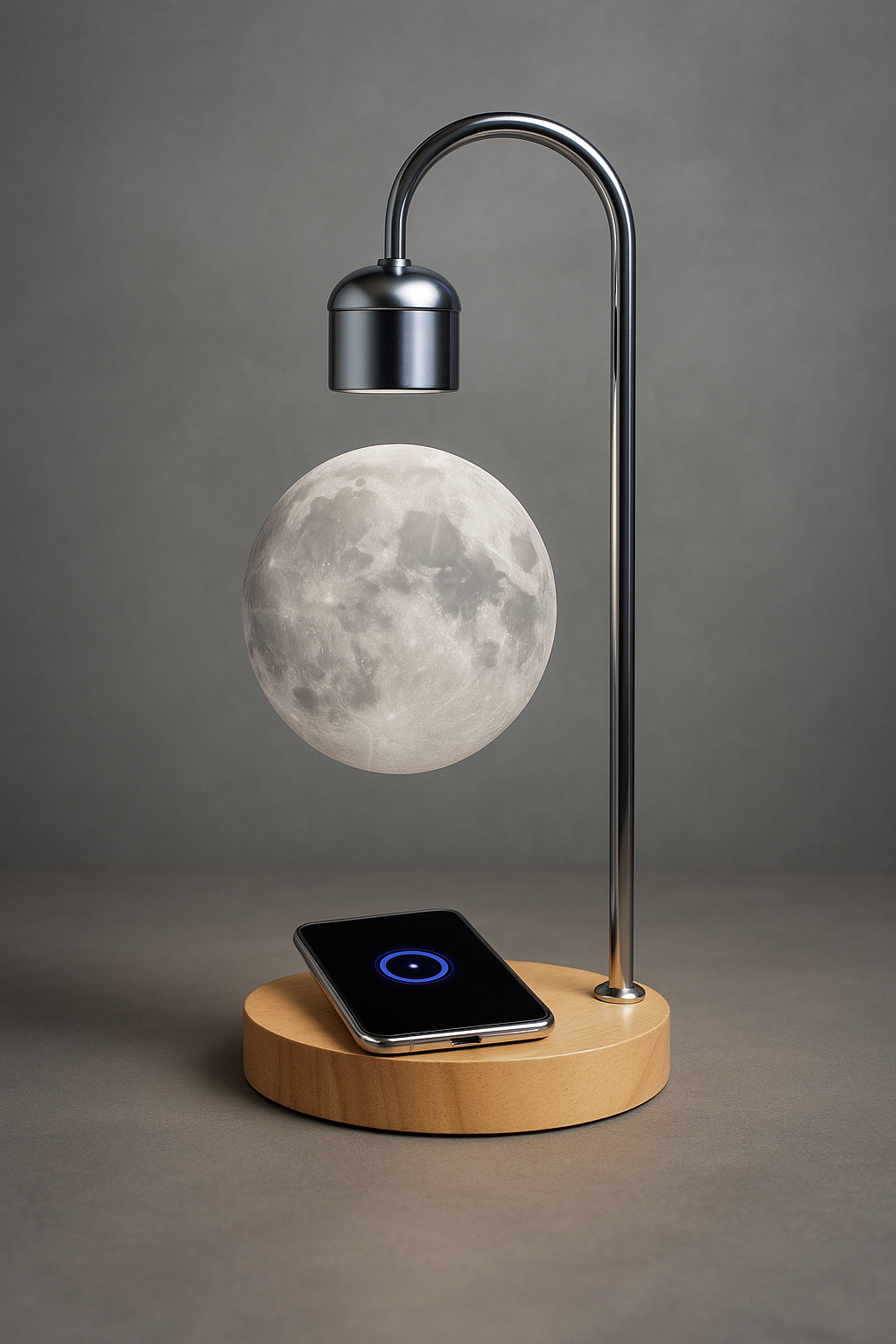 Luminária lua flutuante com levitação magnética e carregador sem fio e por indução acoplado para celular