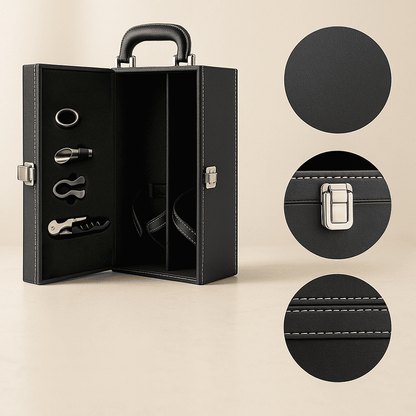 Maleta para vinho de couro com compartimento para 2 garrafas e kit de 4 acessórios