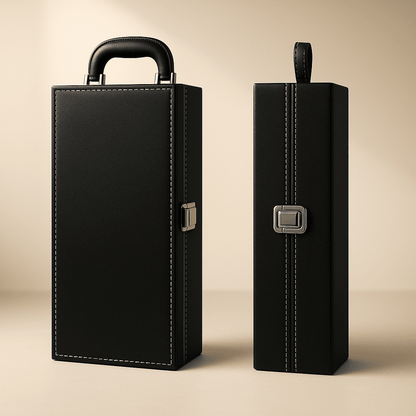 Maleta para vinho de couro com compartimento para 2 garrafas e kit de 4 acessórios