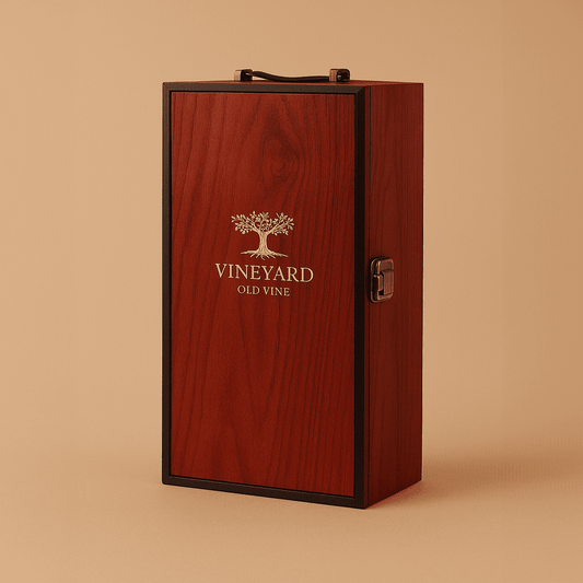Maleta para vinho de madeira com compartimento para 2 garrafas e kit de 2 acessórios