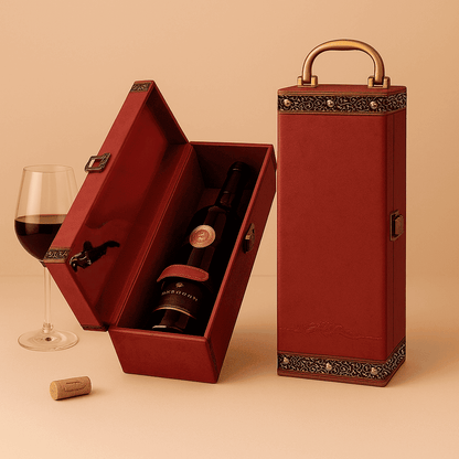Maleta para vinho de couro com compartimento para 1 garrafa e kit de 1 acessório