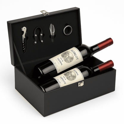 Maleta para vinho de couro com compartimento para 2 garrafas e kit de 4 acessórios