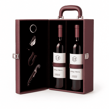 Maleta para vinho de couro com compartimento para 2 garrafas e kit de 4 acessórios