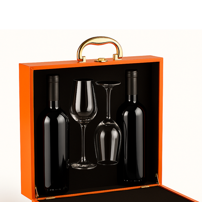 Maleta para vinho de madeira com 2 taças e compartimento para 2 garrafas