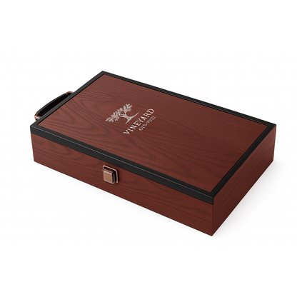 Maleta para vinho de madeira com compartimento para 2 garrafas e kit de 2 acessórios