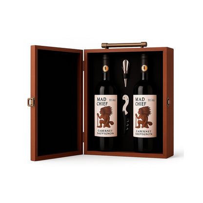 Maleta para vinho de madeira com compartimento para 2 garrafas e kit de 2 acessórios