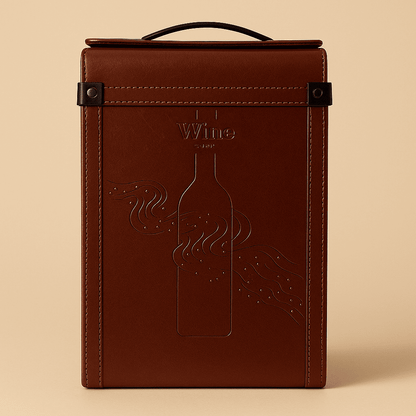 Maleta para vinho de couro com compartimento para 2 garrafas e 1 acessório