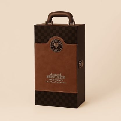 Maleta para vinho de couro com compartimento para 2 garrafas e kit de 4 acessórios
