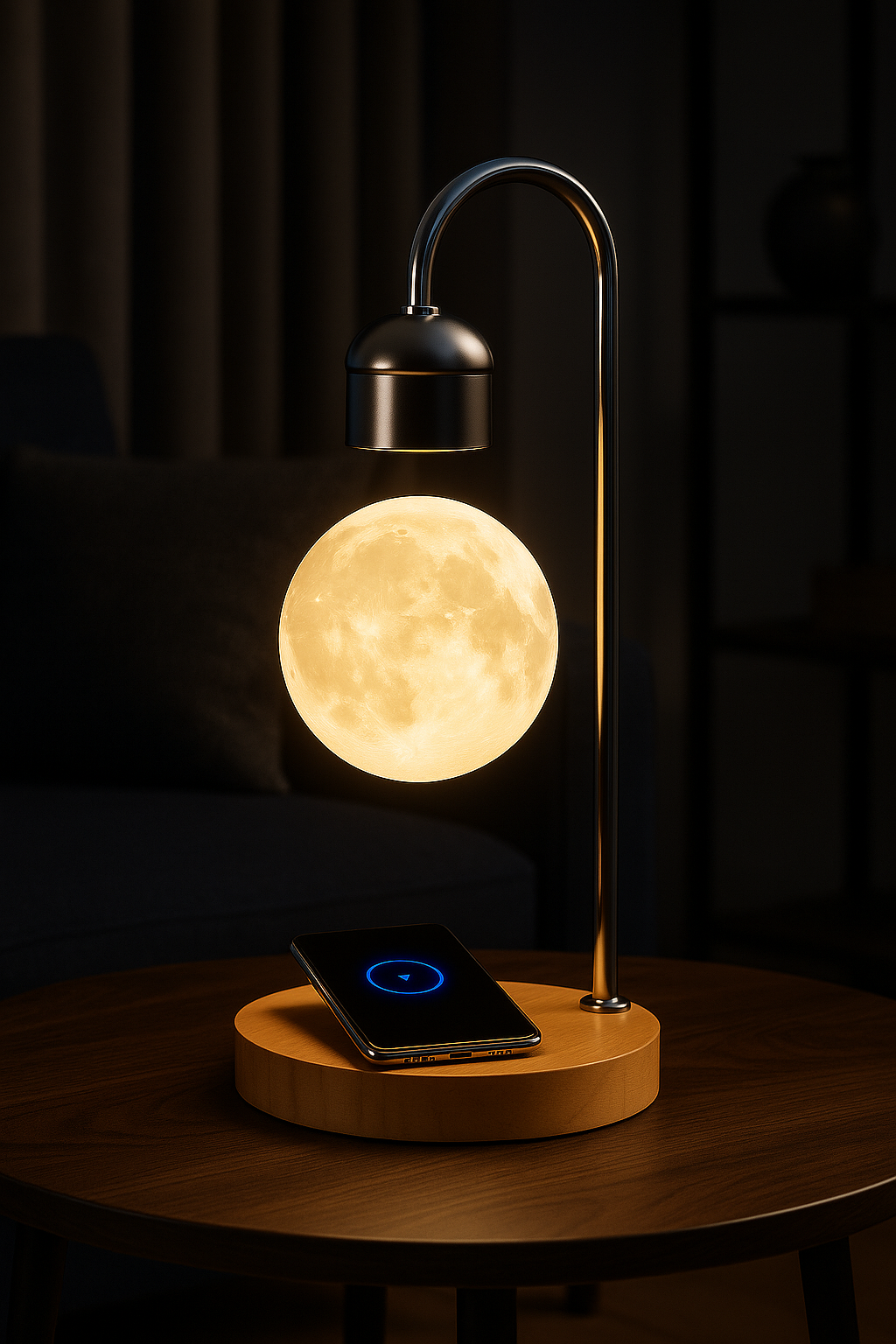Luminária lua flutuante com levitação magnética e carregador sem fio e por indução acoplado para celular