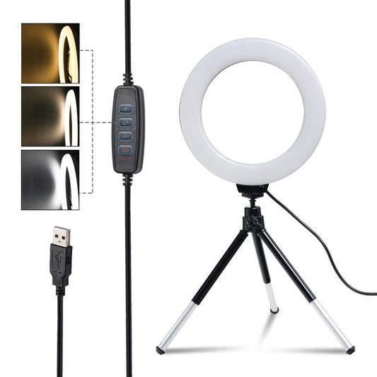 Ring light com tripé ajustável e 3 tipos de cores 16cm - Rede Canan