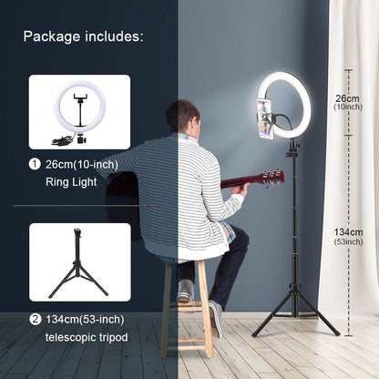 Ring light com tripé ajustável e 3 tipos de cores 26cm - Rede Canan