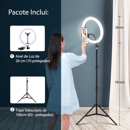 Ring light com tripé ajustável e 3 tipos de cores 26cm - Rede Canan