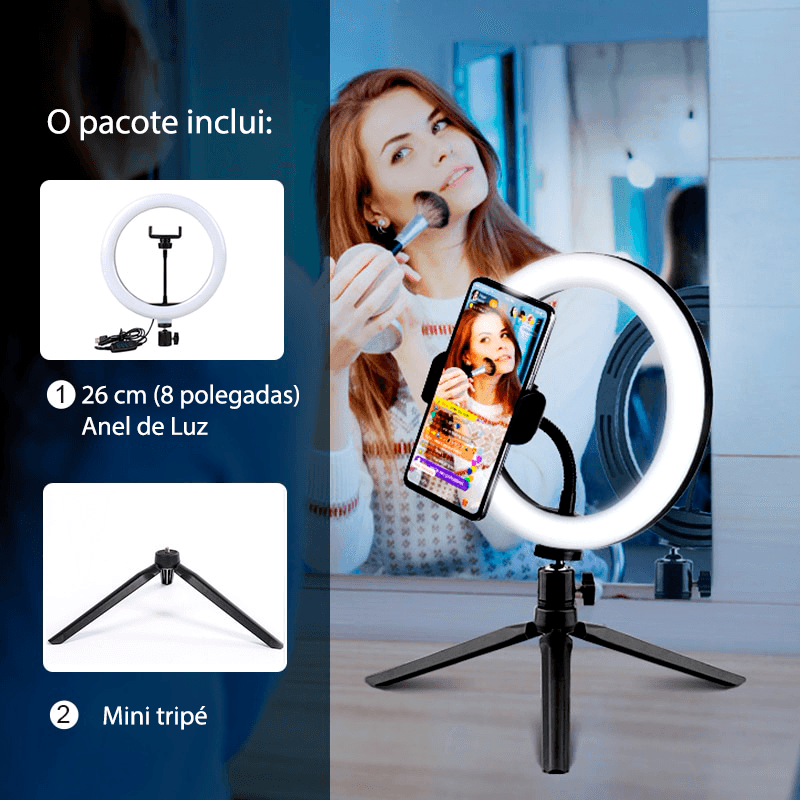 Ring light com tripé ajustável e 3 tipos de cores 26cm - Rede Canan