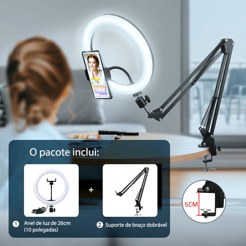 Ring light com tripé ajustável e 3 tipos de cores 26cm - Rede Canan