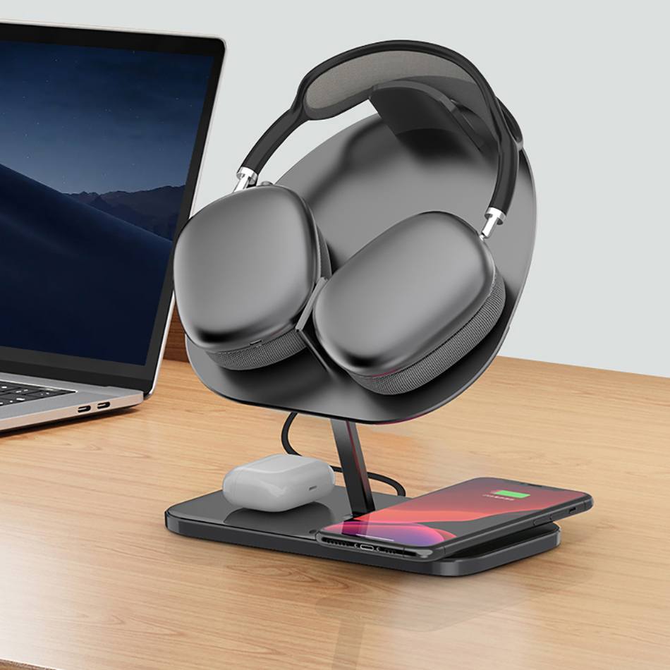 Suporte para fone de ouvido headset com carregador sem fio e por indução 2 em 1 Rede Canan