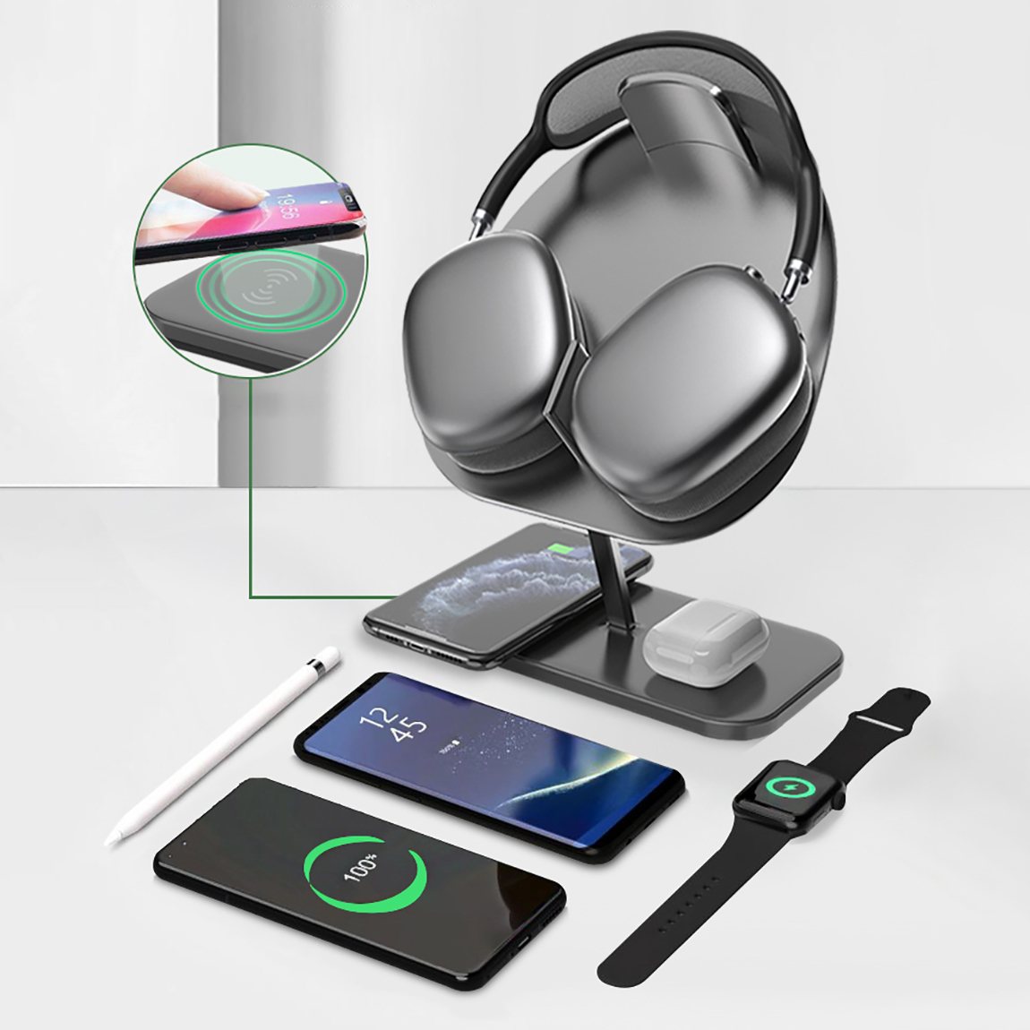 Suporte para fone de ouvido headset com carregador sem fio e por indução 2 em 1 Rede Canan