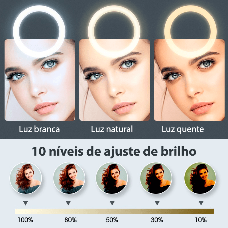 Ring light com tripé ajustável e 3 tipos de cores 26cm - Rede Canan