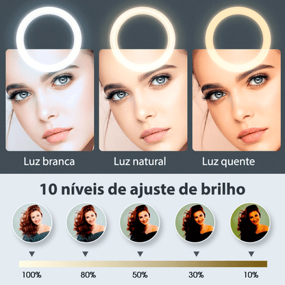 Ring light com tripé ajustável e 3 tipos de cores 26cm - Rede Canan