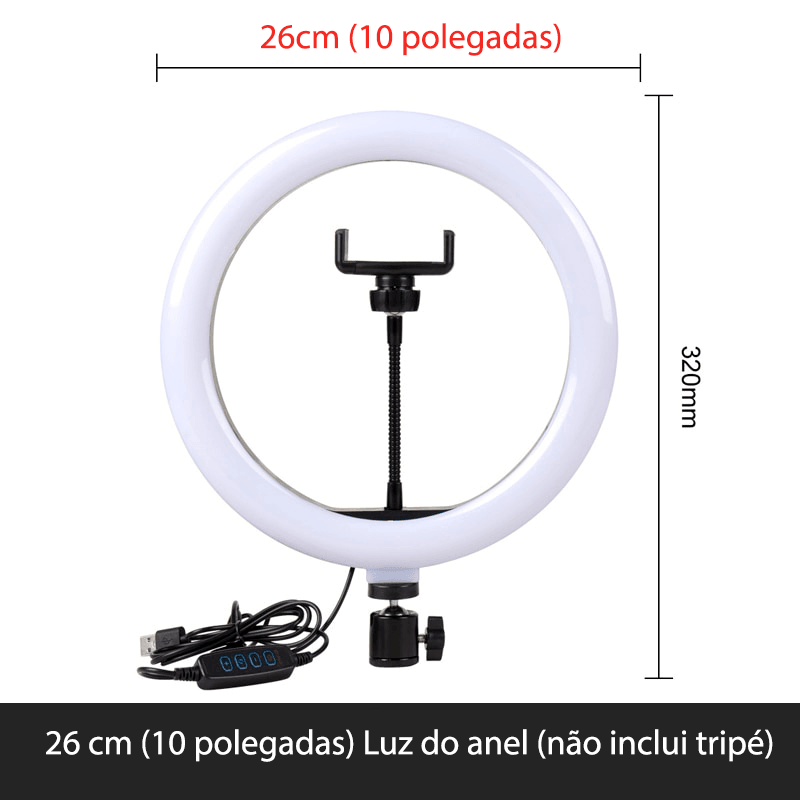 Ring light com tripé ajustável e 3 tipos de cores 26cm - Rede Canan