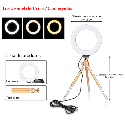 Ring light com tripé ajustável e 3 tipos de cores 16cm - Rede Canan