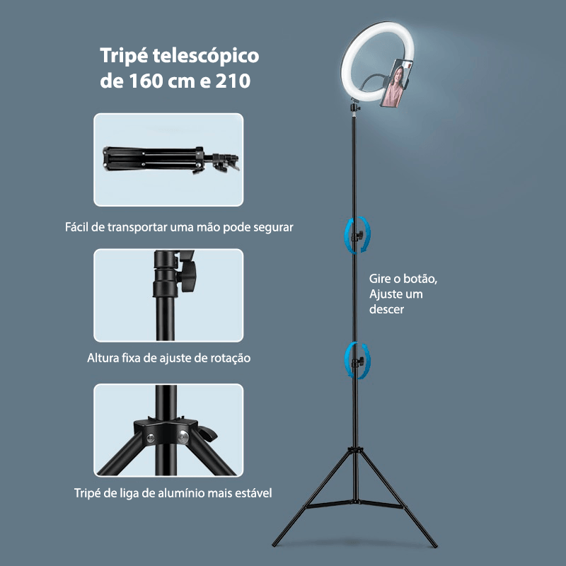 Ring light com tripé ajustável e 3 tipos de cores 26cm - Rede Canan