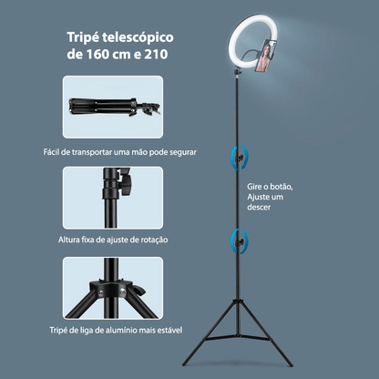 Ring light com tripé ajustável e 3 tipos de cores 26cm - Rede Canan