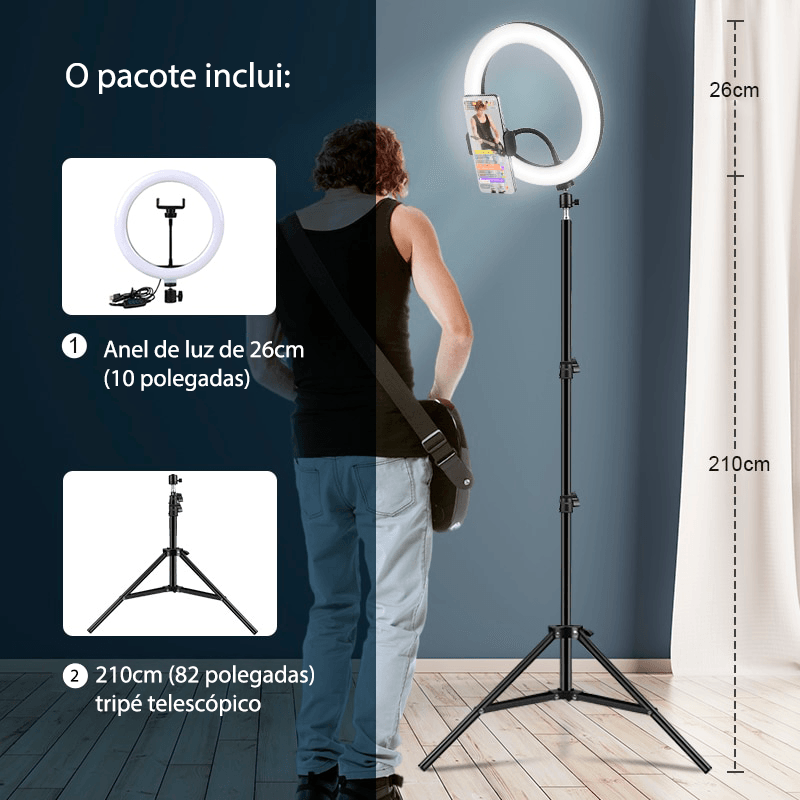 Ring light com tripé ajustável e 3 tipos de cores 26cm - Rede Canan