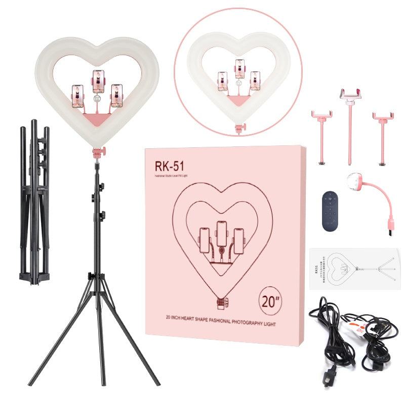 Ring light com formato em coração com tripé ajustável, várias cores e 3 suportes para celular Rede Canan