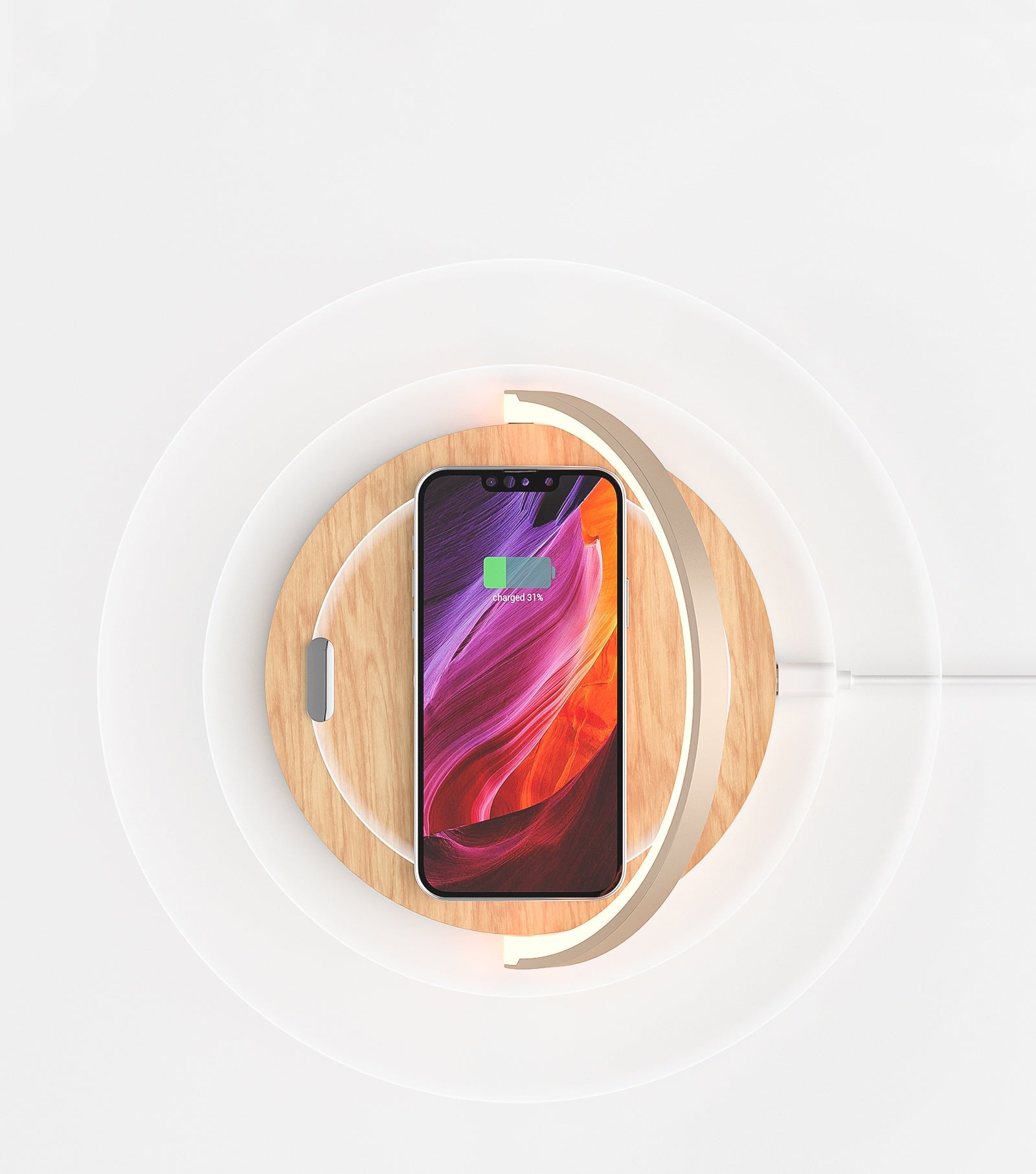 Luminária e suporte com carregador sem fio e por indução acoplado para telefone celular Rede Canan