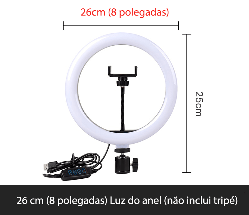 Ring light com tripé ajustável e 3 tipos de cores 26cm - Rede Canan