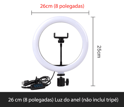 Ring light com tripé ajustável e 3 tipos de cores 26cm - Rede Canan