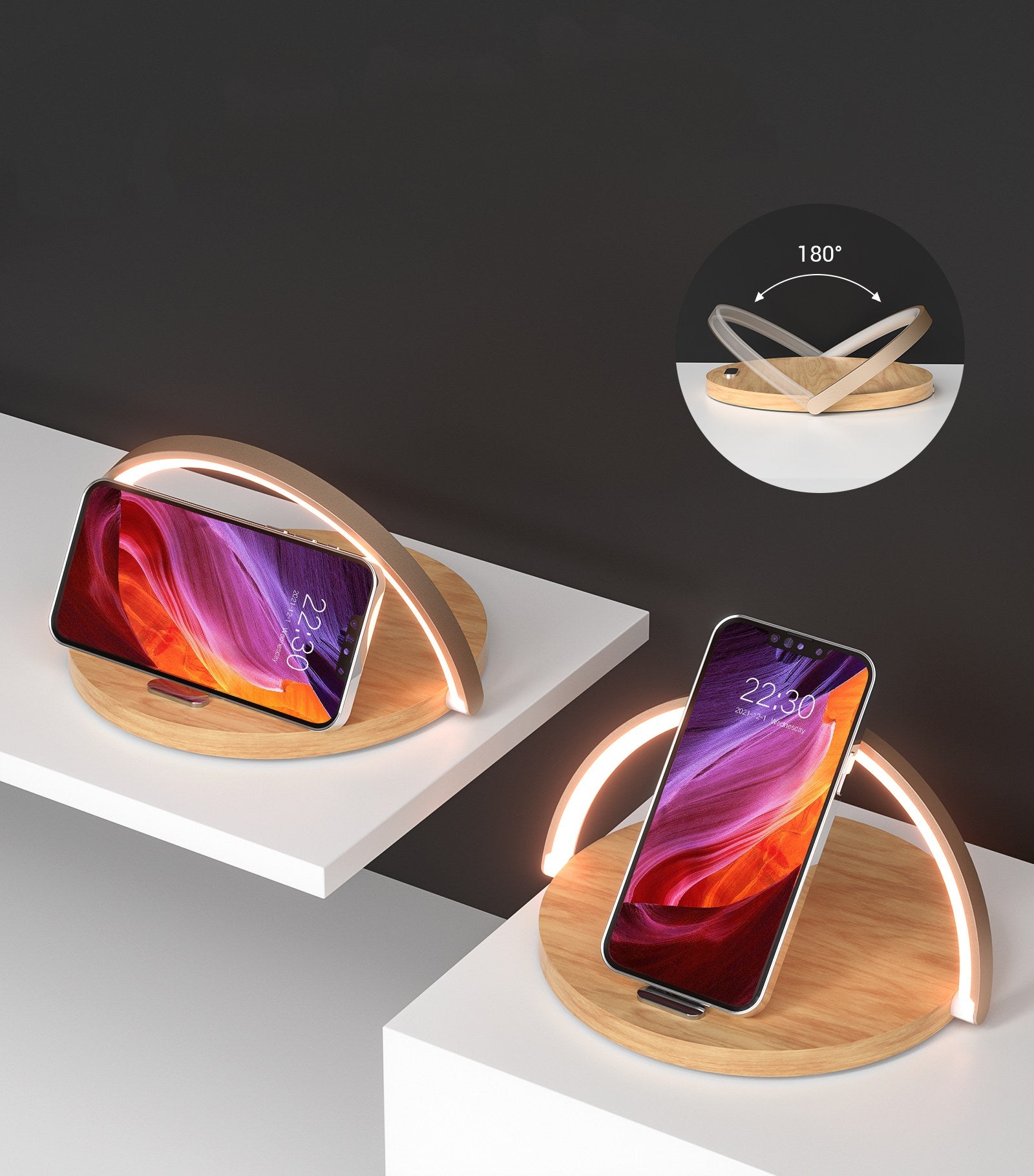 Luminária e suporte com carregador sem fio e por indução acoplado para telefone celular Rede Canan