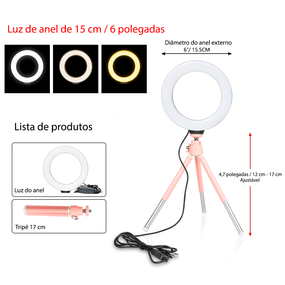 Ring light com tripé ajustável e 3 tipos de cores 16cm - Rede Canan