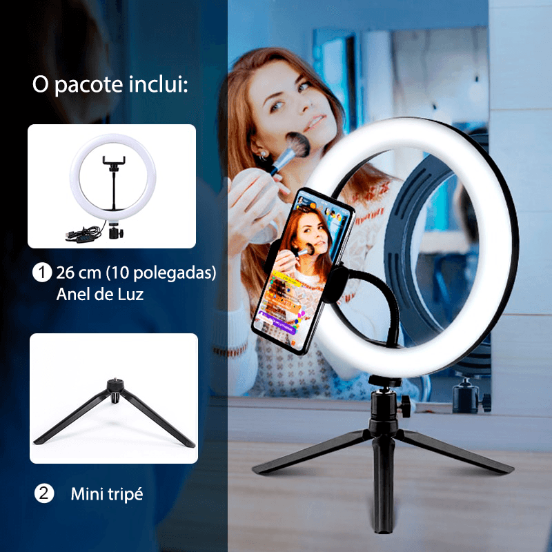 Ring light com tripé ajustável e 3 tipos de cores 26cm - Rede Canan