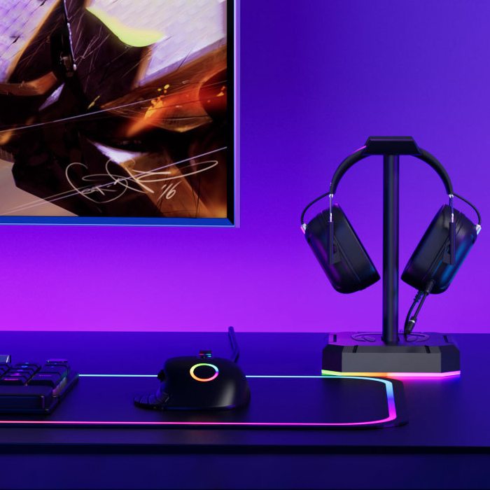 Suporte para fone de ouvido headset com luzes RGB (modelo 1) Rede Canan