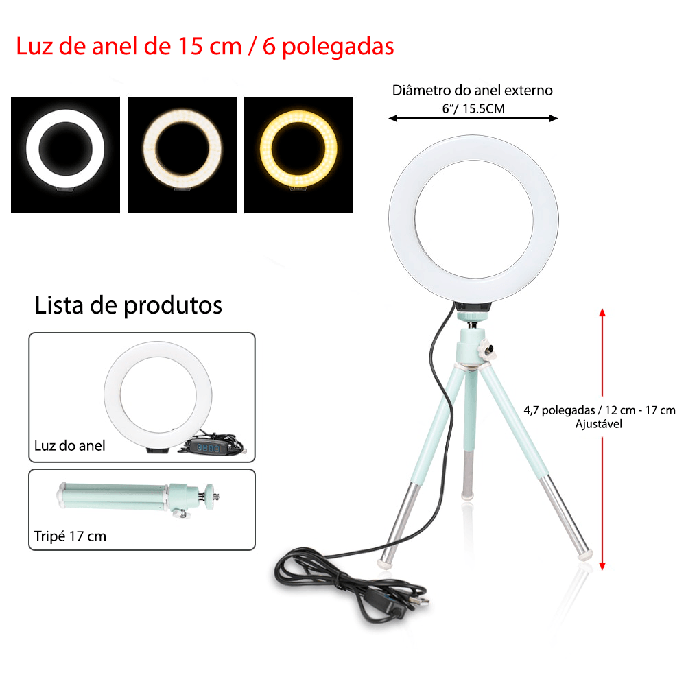 Ring light com tripé ajustável e 3 tipos de cores 16cm - Rede Canan