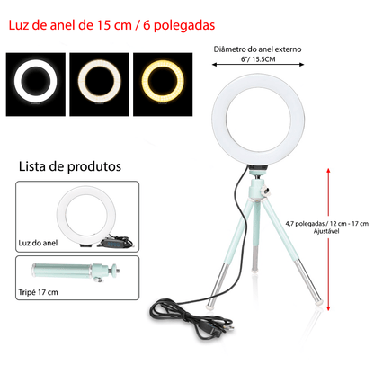 Ring light com tripé ajustável e 3 tipos de cores 16cm - Rede Canan