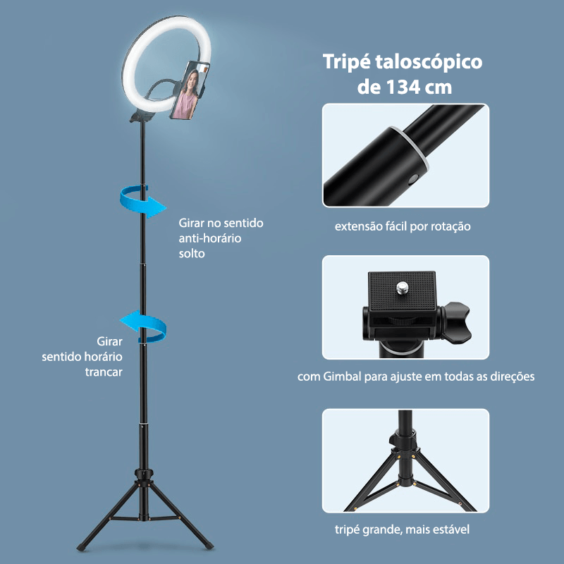 Ring light com tripé ajustável e 3 tipos de cores 26cm - Rede Canan