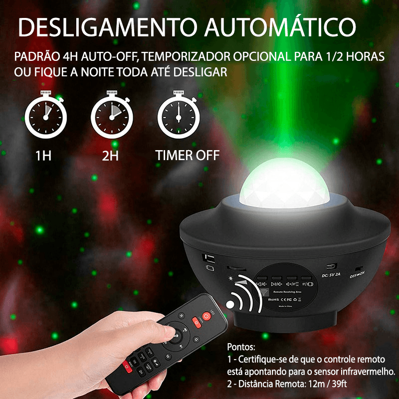 Projetor de luz céu estrelado/galáxia com caixa de som via bluetooth ou cartão - Rede Canan