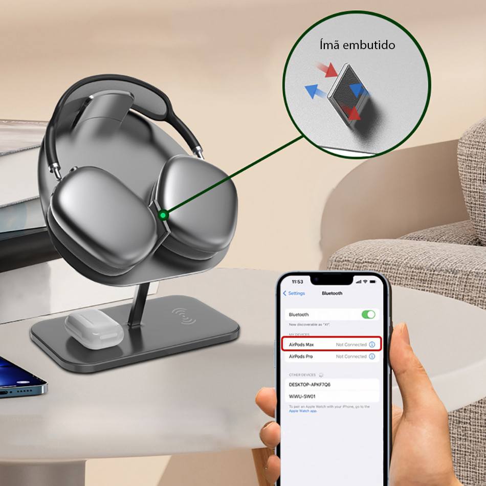 Suporte para fone de ouvido headset com carregador sem fio e por indução 2 em 1 Rede Canan