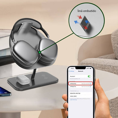Suporte para fone de ouvido headset com carregador sem fio e por indução 2 em 1 Rede Canan
