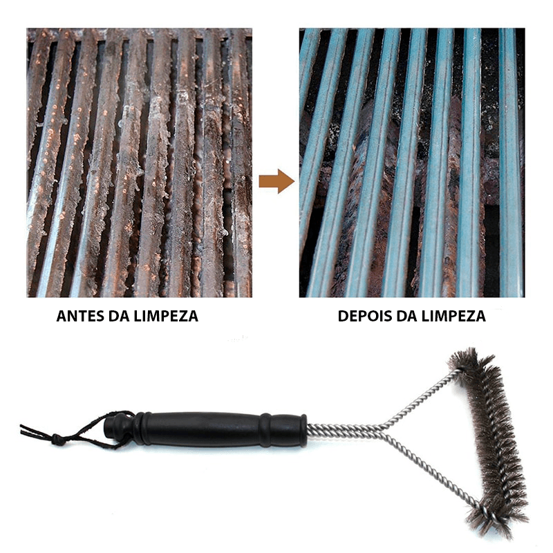 Escova para limpeza de gelha e churrasqueira com cerdas de aço inox antiaderente - Rede Canan