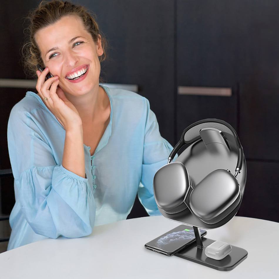 Suporte para fone de ouvido headset com carregador sem fio e por indução 2 em 1 Rede Canan