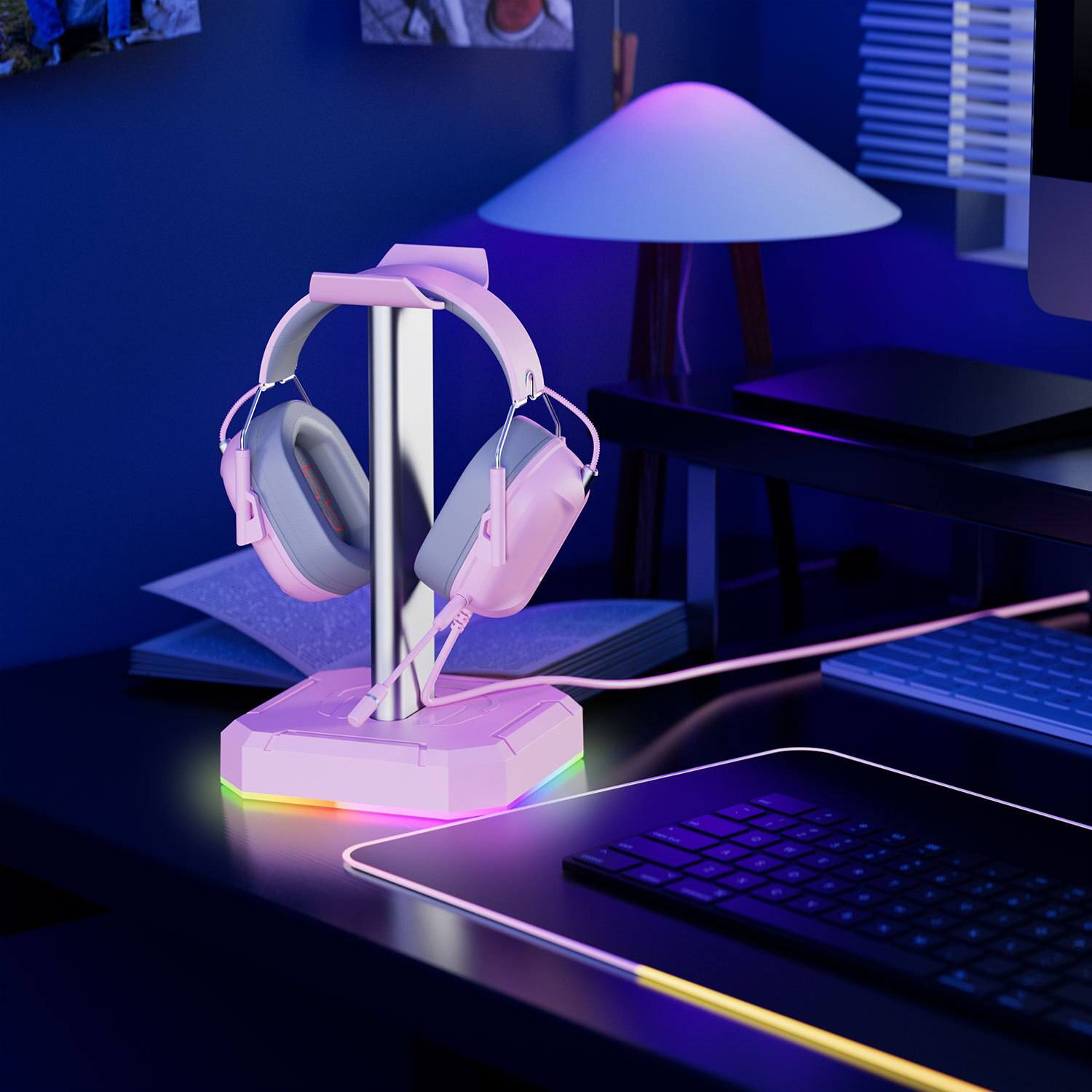 Suporte para fone de ouvido headset com luzes RGB (modelo 1) Rede Canan