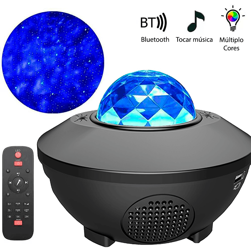 Projetor de luz céu estrelado/galáxia com caixa de som via bluetooth ou cartão - Rede Canan