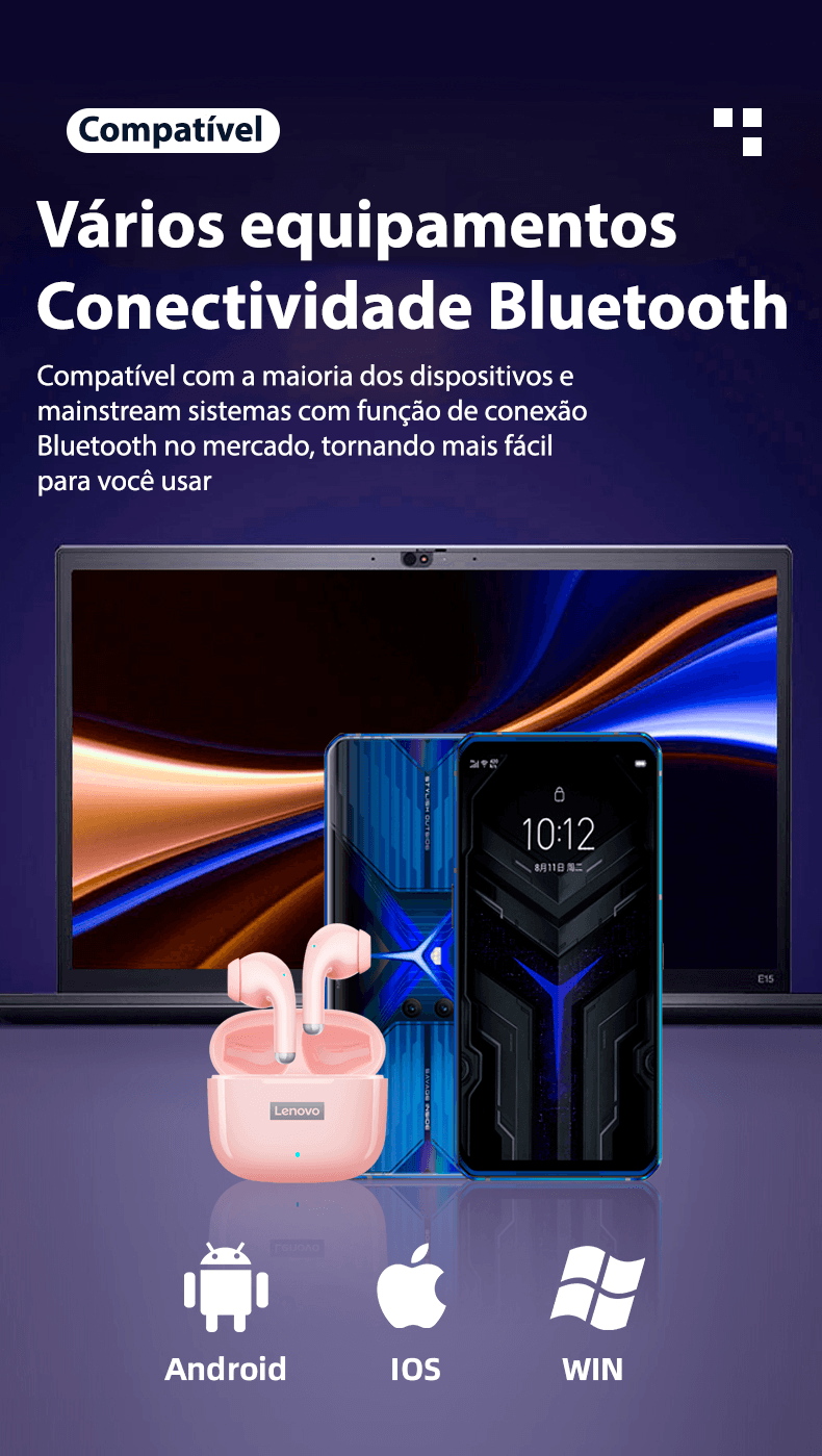 Fone de ouvido sem fio TWS via bluetooth Lenovo LP40 Pro + bolsa de proteção e kit de limpeza - Rede Canan