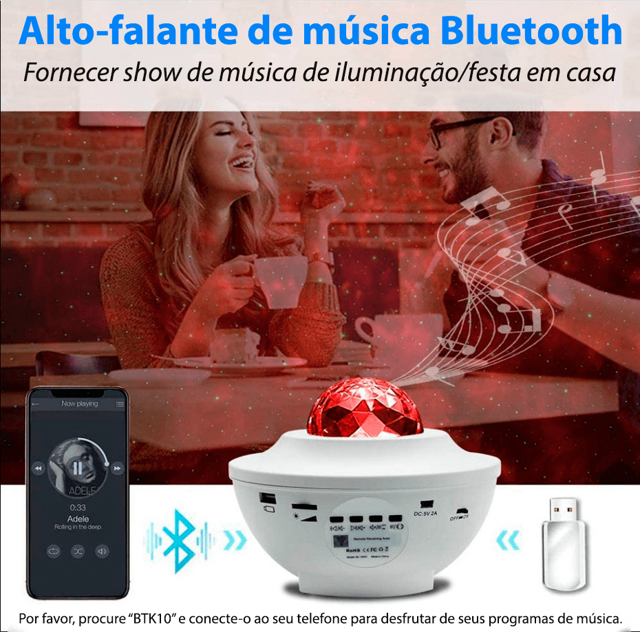 Projetor de luz céu estrelado/galáxia com caixa de som via bluetooth ou cartão - Rede Canan