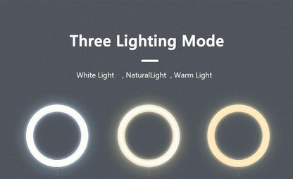 Ring light com tripé ajustável e 3 tipos de cores 26cm - Rede Canan